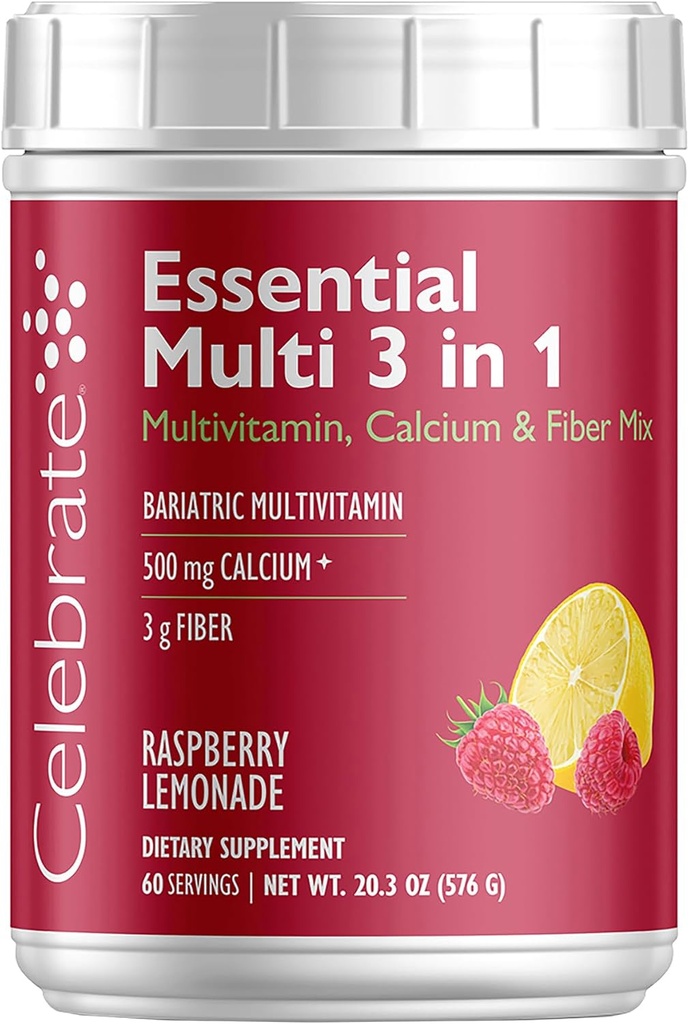 Celebrate Vitamins 3-in-1 Bariatric Multivitamin with Calcium Citrate Drink Mix - 500mg Calcium, Gluten Free, Sugar Free - Powder Blend for Post Bariatric Surgery - Rasp Lemonade (60 Servings)