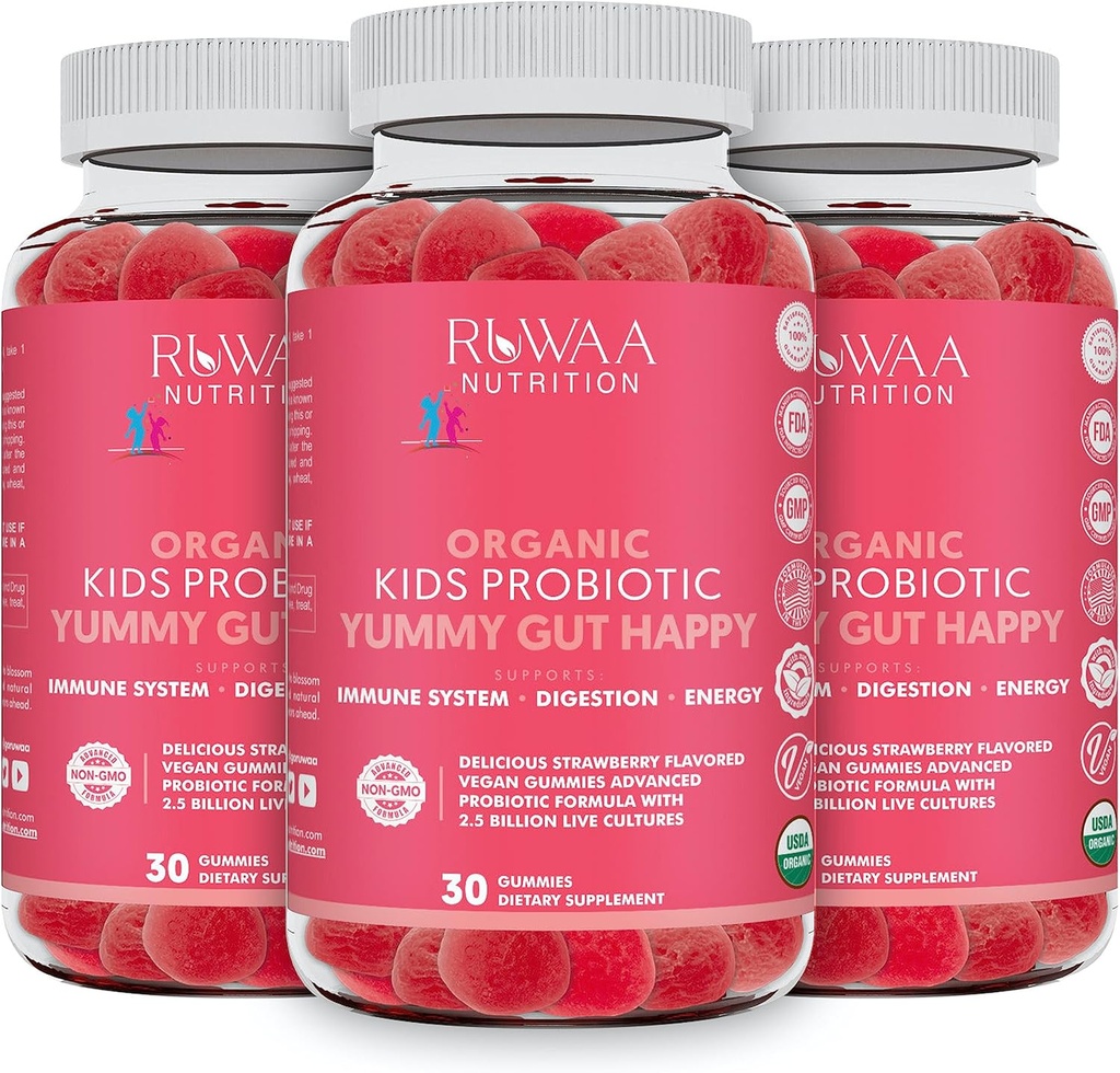 Kid Probiotic Gummies for Digestive Health, Chewable Daily Probiotic for Kids Ηλικίες 4+. Στοματική Φροντίδα, Κοιλιακή Δυσφορία, Υγεία των Πνευμόνων. Φράουλα Γεύση, USDA Βιολογικά, Προβιοτικά για Παιδιά 90ct (3)
