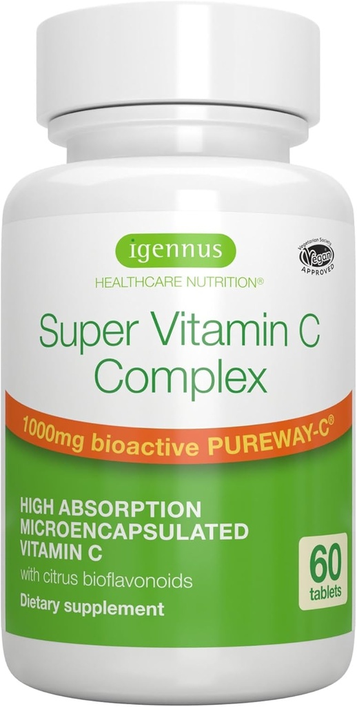 Igennus Υψηλή Απορρόφηση Super Vitamin C, Clean Label Pureway-C 1000mg, Vegan Vitamin C με Bioflavonoids, 60 Μερίδες, 24ωρη Δράση, Ανοσολογική Υγεία, Ενέργεια, Καρδιά & Εγκέφαλος