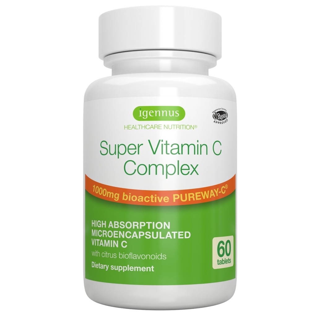 Igennus Υψηλή Απορρόφηση Super Vitamin C, Clean Label Pureway-C 1000mg, Vegan Vitamin C με Bioflavonoids, 60 Μερίδες, 24ωρη Δράση, Ανοσολογική Υγεία, Ενέργεια, Καρδιά & Εγκέφαλος