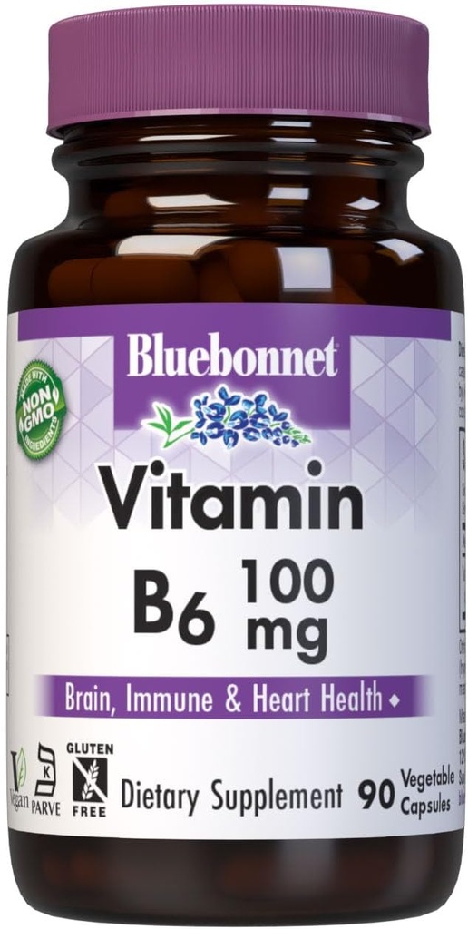 BlueBonnet Διατροφή Βιταμίνη Β 6 100 mg Ενεργειακές Βιταμίνες για γυναίκες & άνδρες - Συμπλήρωμα Υποστήριξης Ανοσοποιητικού & Καρδιάς Συστήματος - Μη ΓΤΟ, Vegan, Χωρίς Γλουτένη - 60 Καψάκια λαχανικών