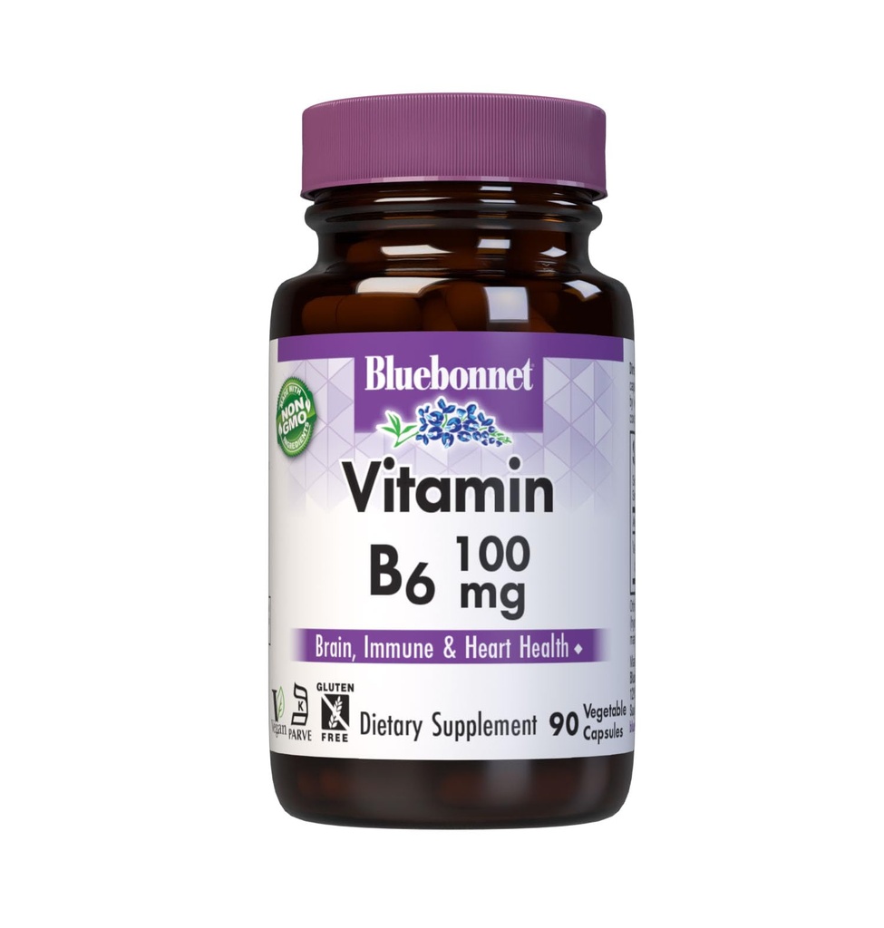 BlueBonnet Διατροφή Βιταμίνη Β 6 100 mg Ενεργειακές Βιταμίνες για γυναίκες & άνδρες - Συμπλήρωμα Υποστήριξης Ανοσοποιητικού & Καρδιάς Συστήματος - Μη ΓΤΟ, Vegan, Χωρίς Γλουτένη - 60 Καψάκια λαχανικών