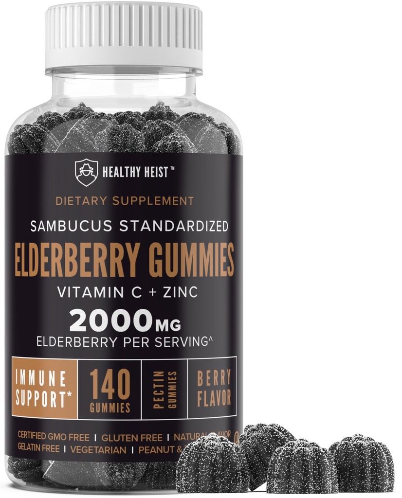 Sambucus Black Elderberry Gummies με ψευδάργυρο και βιταμίνη C, 140 Gummies, Chewable Immune Support for Adults and Kids, Non GMO, Kosher, Pectin, Vegan, Delicious Berry Flavor