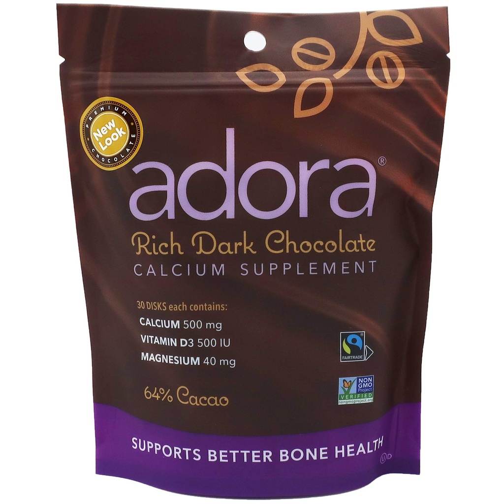 Adora συμπλήρωμα ασβεστίου, Fairtrade σκούρα σοκολάτα, ενιαία συσκευασία - 30 ct