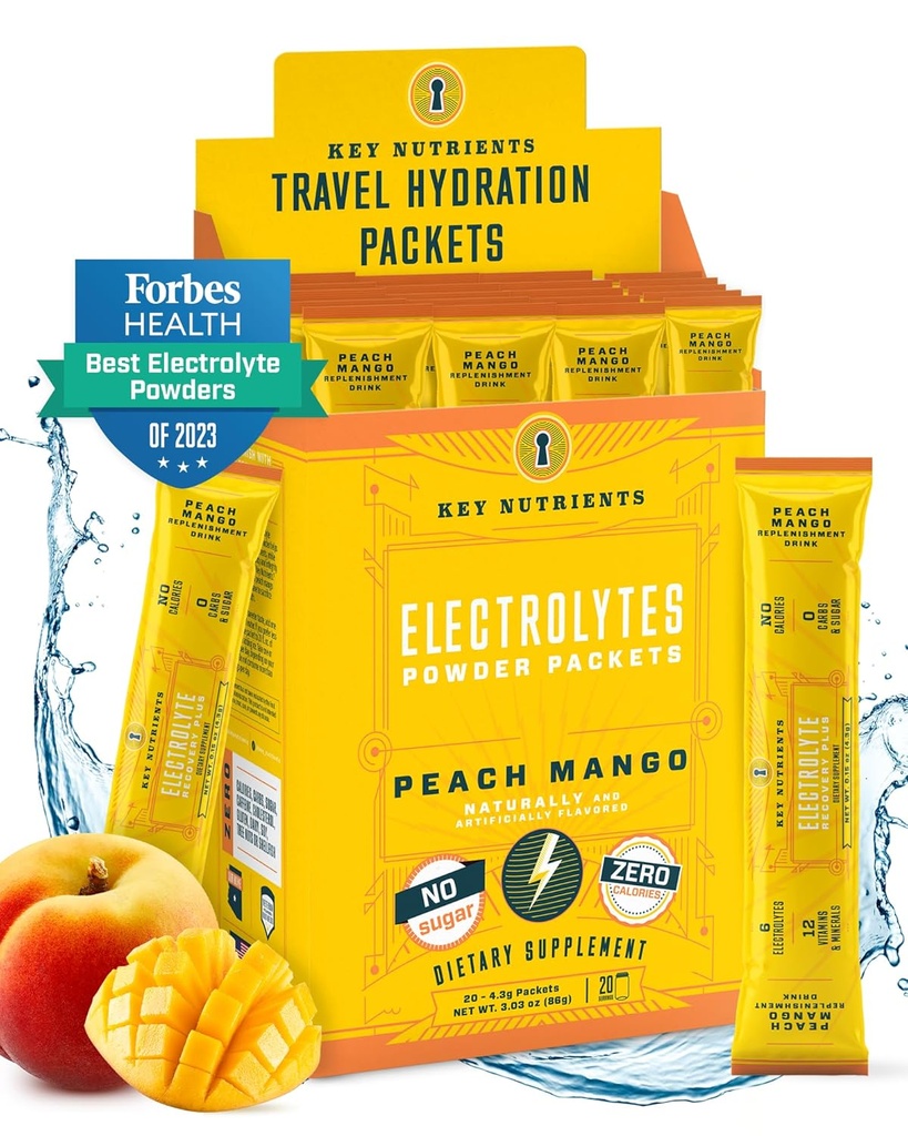 KEY NUTRIENTS Electrolytes Powder Packets - Tropical Peach Mango 20 Pack Hydration Packets - Travel Hydration Powder - No Sugar, No Calories, Gluten Free - Made in USA