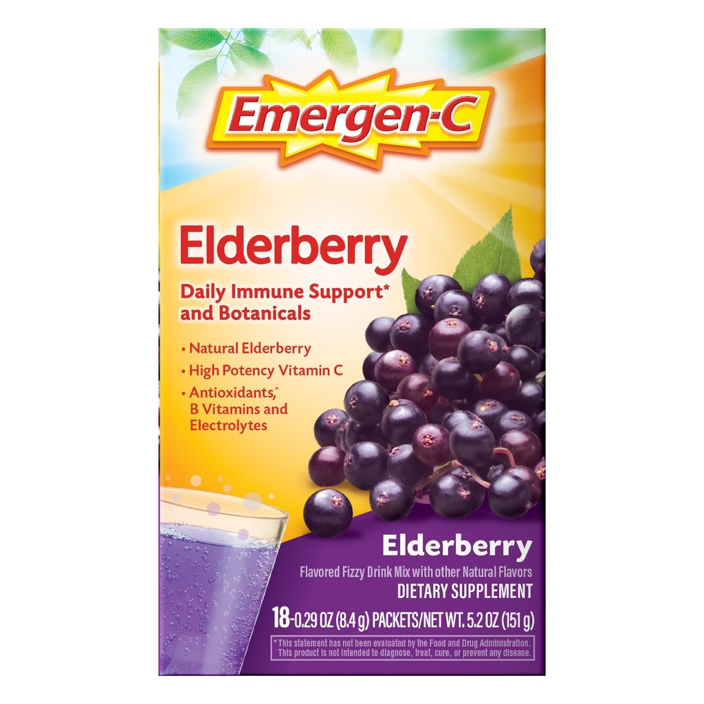 Emergen-C Elderberry Fizzy Drink Mix, elderberry ανοσοποιητική υποστήριξη, φυσικές γεύσεις, με υψηλή δραστικότητα βιταμίνη C, 18 κόμης