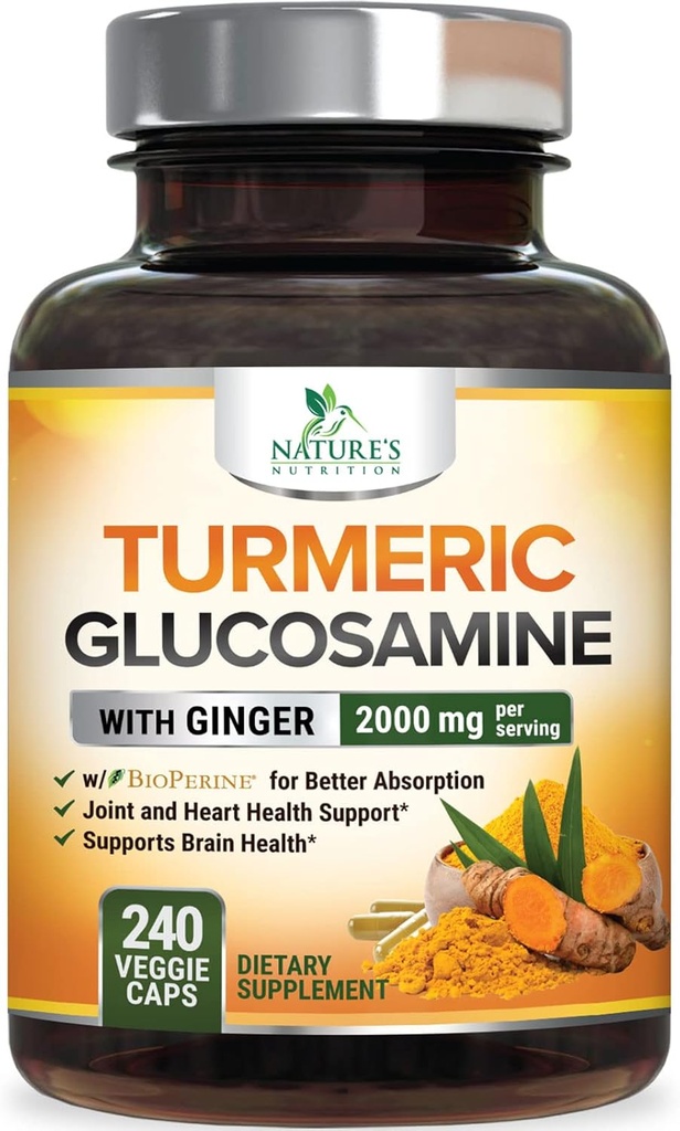 Turmeric Curcumin Supplement 2000mg - 95% Κουρκουμινοειδή με Γλυκοζαμίνη, Ginger & MSM, BioPerine Μαύρο Πιπέρι για Καλύτερη Απορρόφηση, Vegan Κοινή Υποστήριξη, Μη-ΓΤΟ, Εμφιαλωμένο στις ΗΠΑ - 240 Κάψουλες