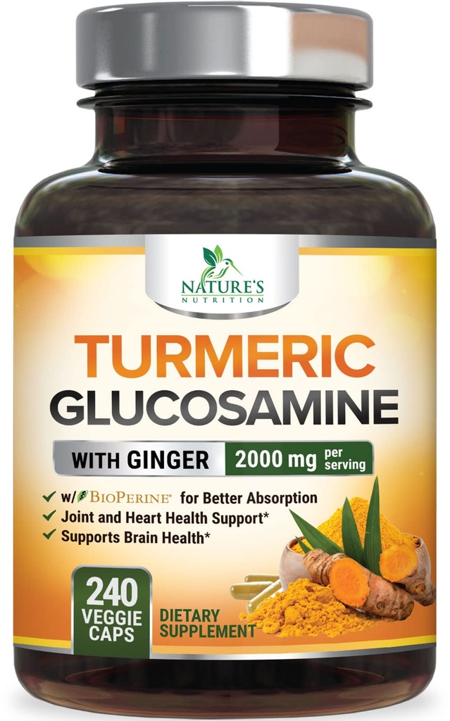 Turmeric Curcumin Supplement 2000mg - 95% Κουρκουμινοειδή με Γλυκοζαμίνη, Ginger & MSM, BioPerine Μαύρο Πιπέρι για Καλύτερη Απορρόφηση, Vegan Κοινή Υποστήριξη, Μη-ΓΤΟ, Εμφιαλωμένο στις ΗΠΑ - 240 Κάψουλες