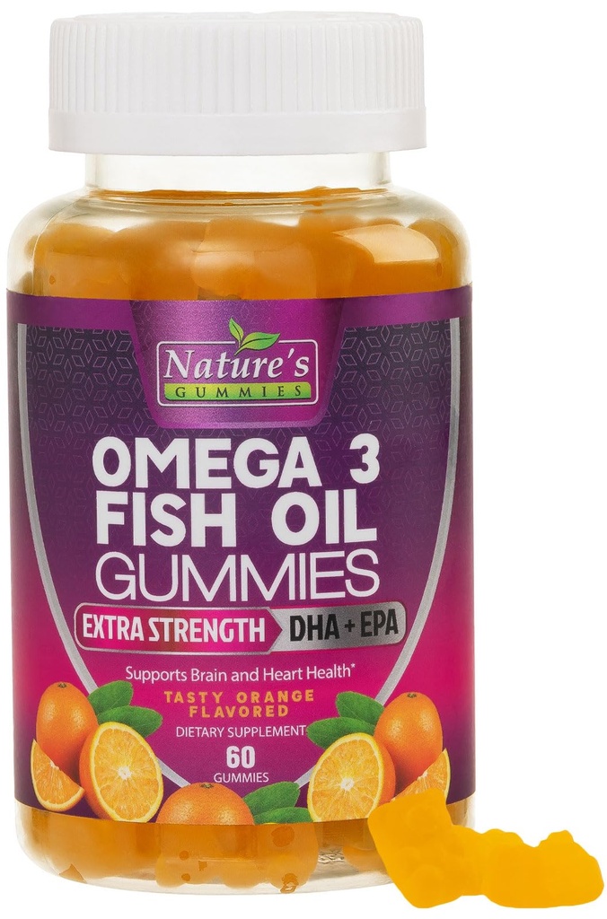 Ωμέγα 3 Gummy Omega Oil Gummies, Heart Healthy Omega 3 Gummy συμπλήρωμα με υψηλή απορρόφηση DHA & EPA, Extra Strength Joint & Brain Support, Delicious Orange Flavor Fish Oil Nature's Vitamin - 60 Gummies