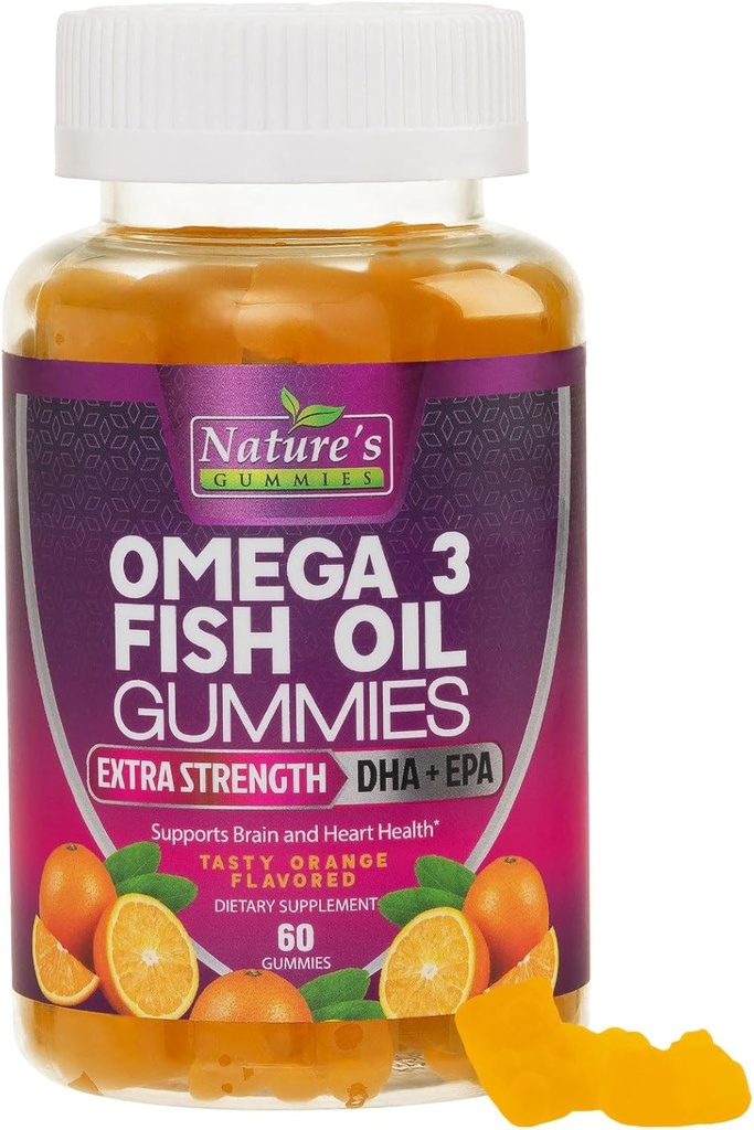 Ωμέγα 3 Gummy Omega Oil Gummies, Heart Healthy Omega 3 Gummy συμπλήρωμα με υψηλή απορρόφηση DHA & EPA, Extra Strength Joint & Brain Support, Delicious Orange Flavor Fish Oil Nature's Vitamin - 60 Gummies
