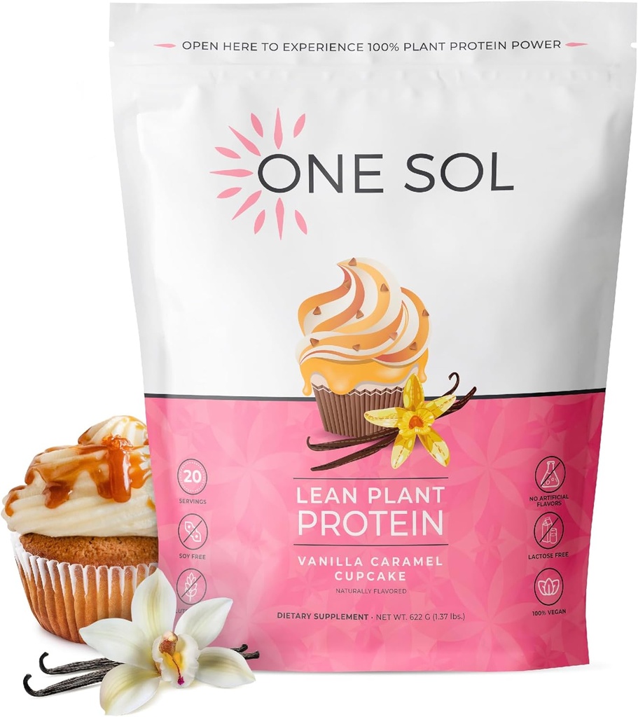 One Sol Lean Plant Protein Powder, Pea & Brown Rice Protein, Low Carb, Vegan Friendly - Gluten, Lactose, & Soy Free - No Added Sugar, Non-GMO, Clean Nutrition, No Bloating (Vanilla Caramel Cupcake)