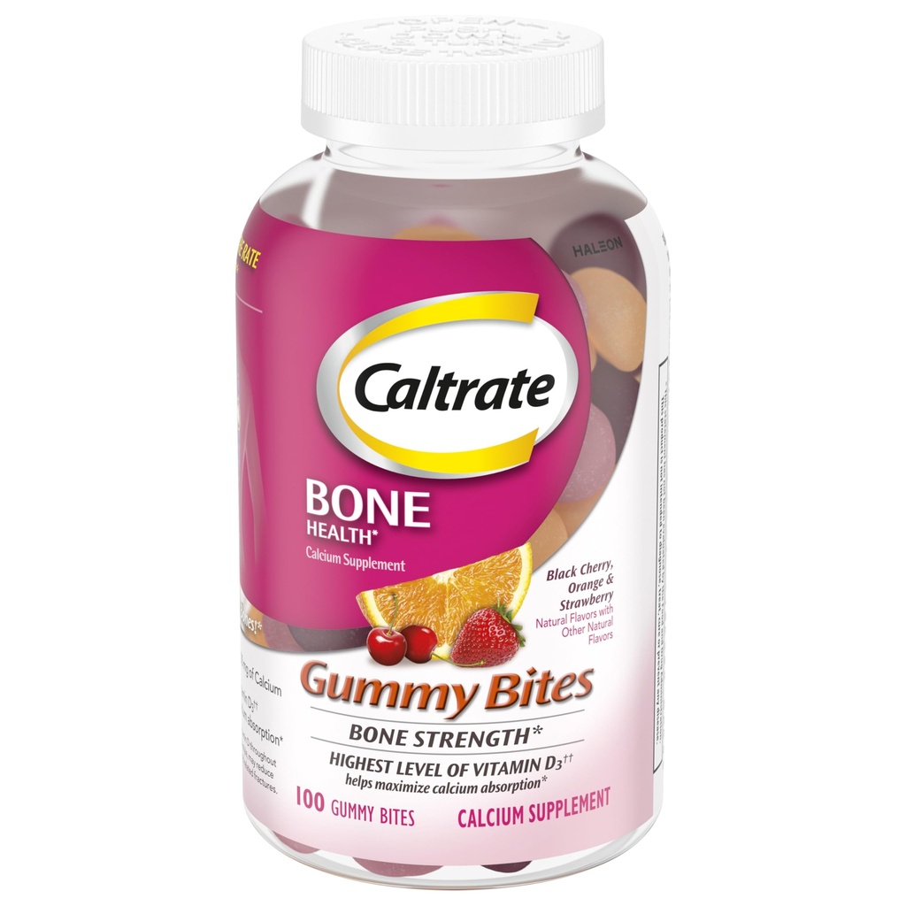 Caltrate Gummy Bites 500 mg Συμπλήρωμα ασβεστίου και βιταμίνης D, Μαύρο κεράσι, Φράουλα, Πορτοκαλί - 100 Count