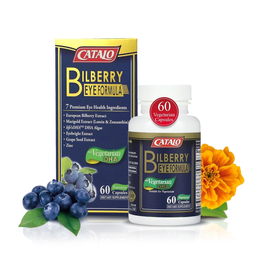 CATALO Bilberry Eye Formula με χορτοφαγική DHA - συμπλήρωμα περιποίησης ματιών που διαθέτει Mirtoselect Bilberry Extract, DHA από την άλγη, Lutein, Zeaxanthin, εκχύλισμα σπόρων σταφυλιών, και ψευδάργυρο - 60 κάψουλες χορτοφάγων