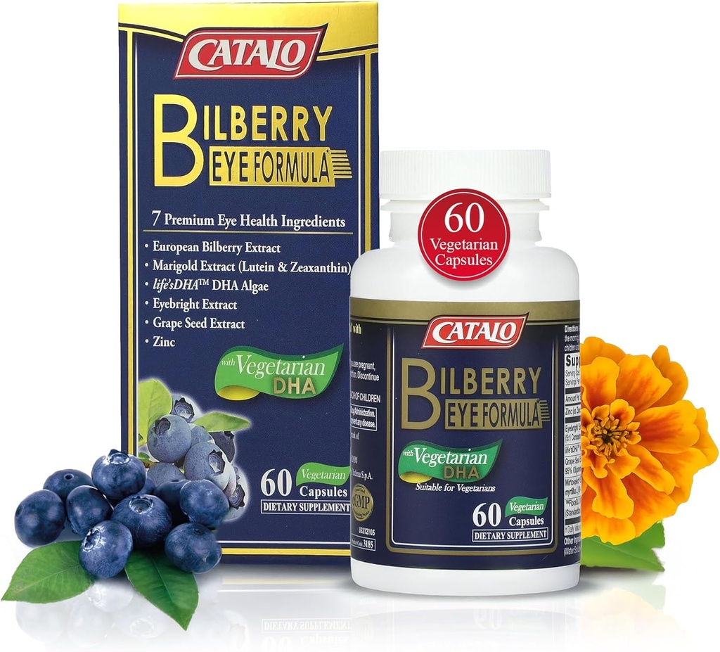 CATALO Bilberry Eye Formula with Vegetarian DHA - Eye Care Supplement Featuring Mirtoselect Bilberry Extract, DHA from Algae, Lutein, Zeaxanthin, Grape Seed Extract, and Zinc - 60 Vegetarian Capsules