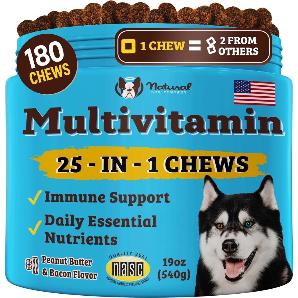 Natural Dog Company 25-σε-1 Πολυβιταμίνες Chews for Dogs – 180 Count Value Pack – Daily Soft Dog Vitamins with Antioxidants, Zinc & Folic Acid – Υποστηρίζει αρθρώσεις, δέρμα & παλτό, ανοσοποιητική & καρδιακή υγεία