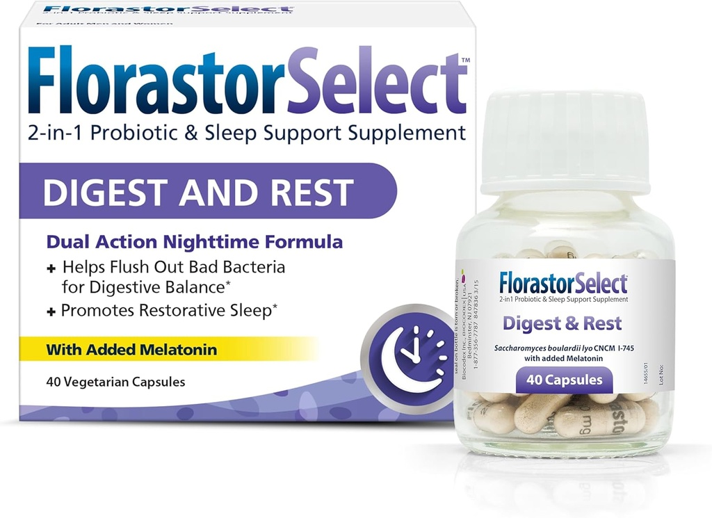 Florastor Probiotic Digest and Rest, Saccharomyces Boulardii Probiotics with Melatonin (4mg), Natural Sleep Aid + Digestive Support, 40 Capsules