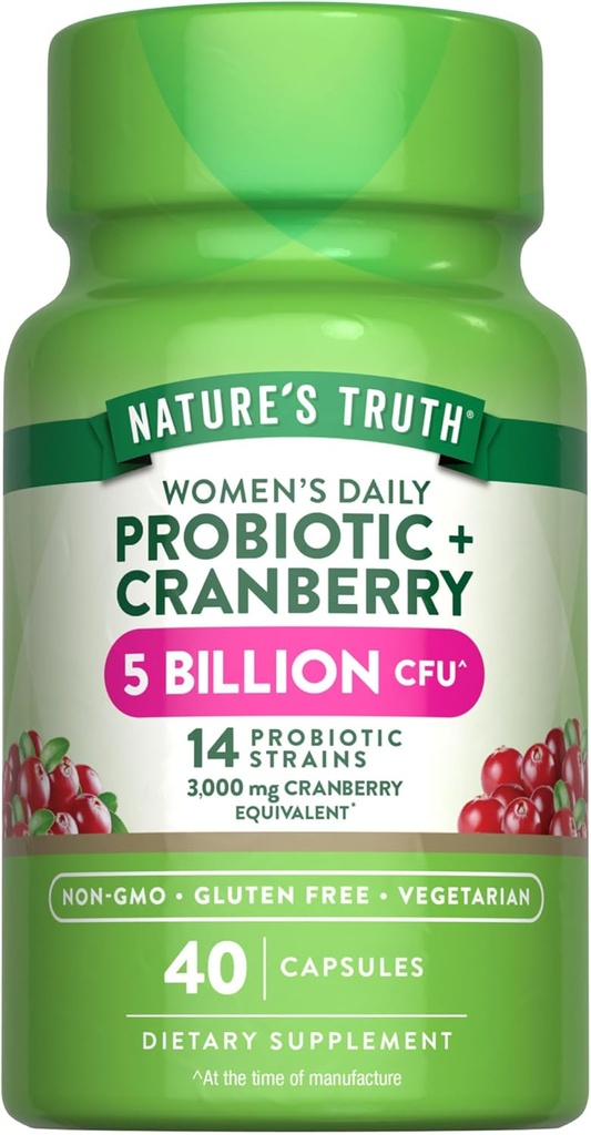 Nature's Truth Probiotics for Women | 5 Billion CFUs Daily | 40 Vegetarian Capsules | with Cranberry | Non-GMO & Gluten Free | No Refrigeration Needed