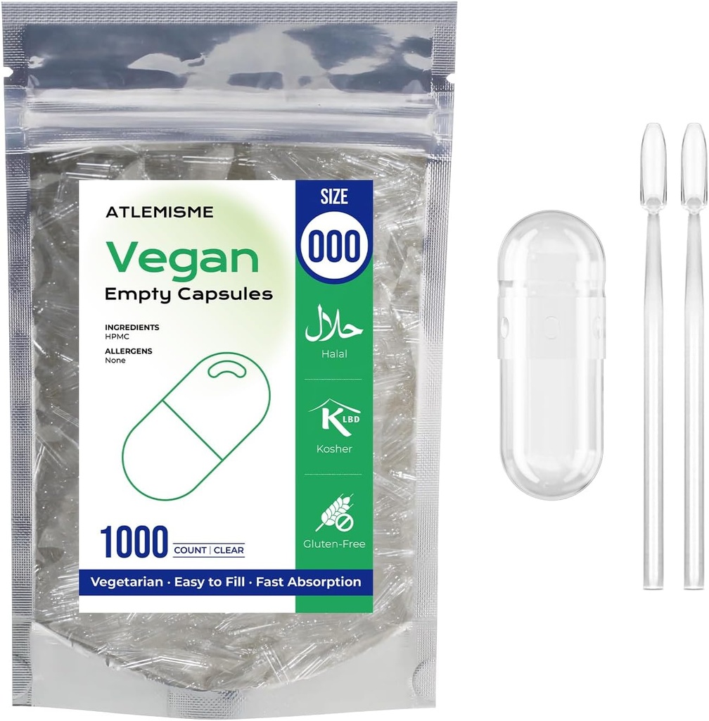 Άδειες κάψουλες Vegan Μέγεθος 000 - Κάψουλες Vegan Κενές (1000 κόμης) Άδειες κάψουλες DIY Καψάκιο Γέμισμα - Κάψουλες Veggie Άδειες κάψουλες με 2 κουταλάκια Micro Lab για Γέμισμα καψακίων