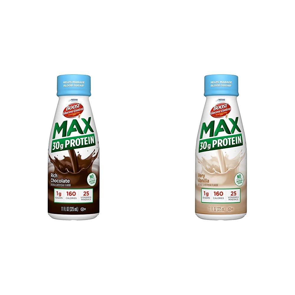 Πρόσθετη Γλυκόζη Ελέγχου Max 30g Protein Nutritional Drink, 12 πλούσια σοκολάτα + 12 Πολύ βανίλια (πακέτο των 24)