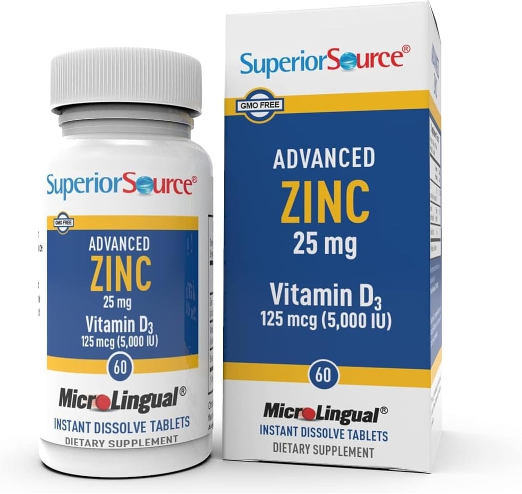 Superior Source Advanced Zinc 25 mg - Περιλαμβάνει βιταμίνη D3 5.000 IU - Premium συμπλήρωμα υποστήριξης του ανοσοποιητικού για άνδρες και γυναίκες - Μη- Γλουτένη & Χωρίς - 60 MicroLingual Dissolvable δισκία