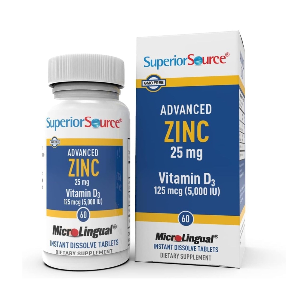 Superior Source Advanced Zinc 25 mg - Περιλαμβάνει βιταμίνη D3 5.000 IU - Premium συμπλήρωμα υποστήριξης του ανοσοποιητικού για άνδρες και γυναίκες - Μη- Γλουτένη & Χωρίς - 60 MicroLingual Dissolvable δισκία