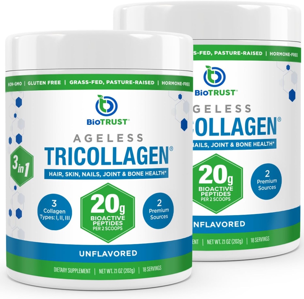 BioTrust Tri Collagen Powder - 3-σε-1 Hydrolyzed Collagen Peptides Peptides Powder (Τύποι I, II, & III) - Grass Fed Collagen Protein Powder για την καταπολέμηση της γήρανσης, του δέρματος, των μαλλιών, των οστών και της κοινής υγείας - Άγευστη, 2-πακέτο
