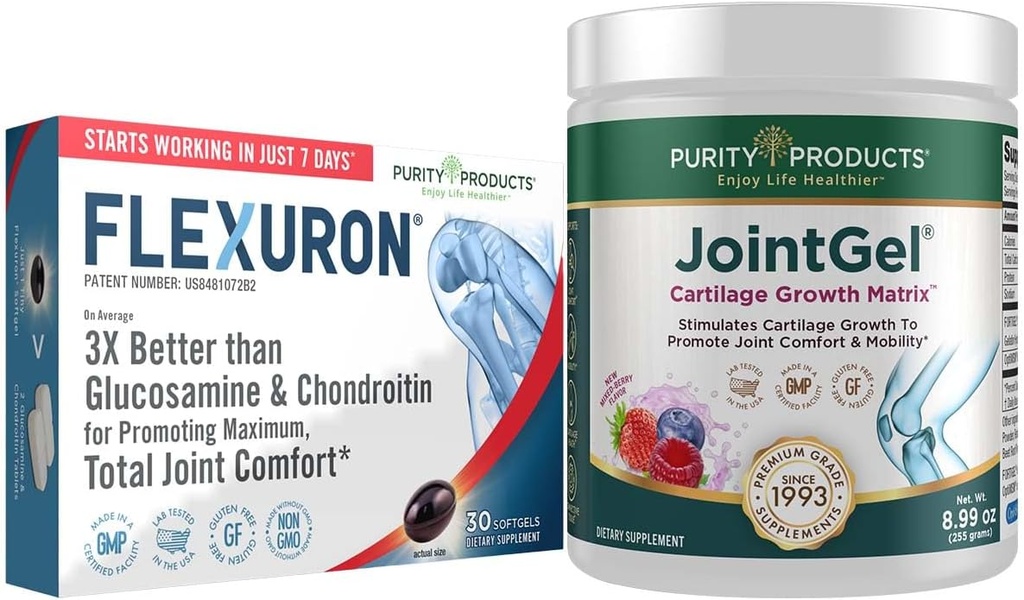Purity Products Flexuron Joint Formula + Joint Gel Flexuron (Krill Oil, Low Molecular Weight Hyaluronic Acid, Astaxanthin) - Joint Gel Berry Powder (Bioactive Collagen Peptides + MSM)