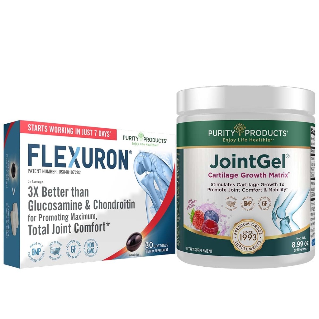 Purity Products Flexuron Joint Formula + Joint Gel Flexuron (Krill Oil, Low Molecular Weight Hyaluronic Acid, Astaxanthin) - Joint Gel Berry Powder (Bioactive Collagen Peptides + MSM)
