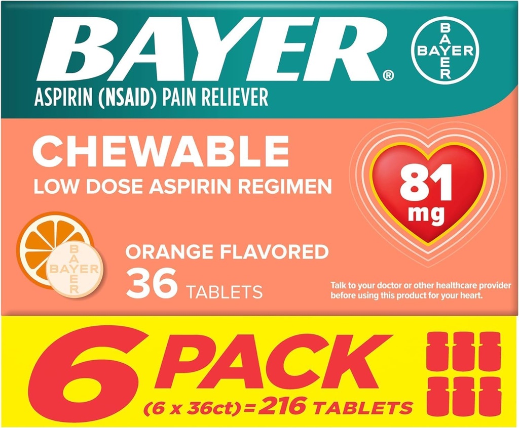 Bayer Ασπιρίνη Χαμηλή Δόση 81 mg Μασώμενα Tabletισκία, Πόνος Αναπνευστήρα, Πορτοκαλί Γεύση, 216 Tabletισκία (6 Συσκευασία)