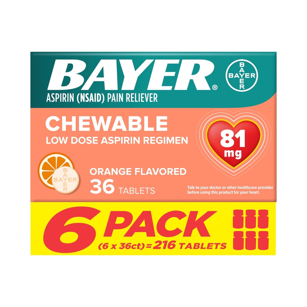Bayer Aspirin Low Dose 81 mg Chewable Tablets, Pain Reliever, Orange Flavored, 216 Tablets (6 Pack)