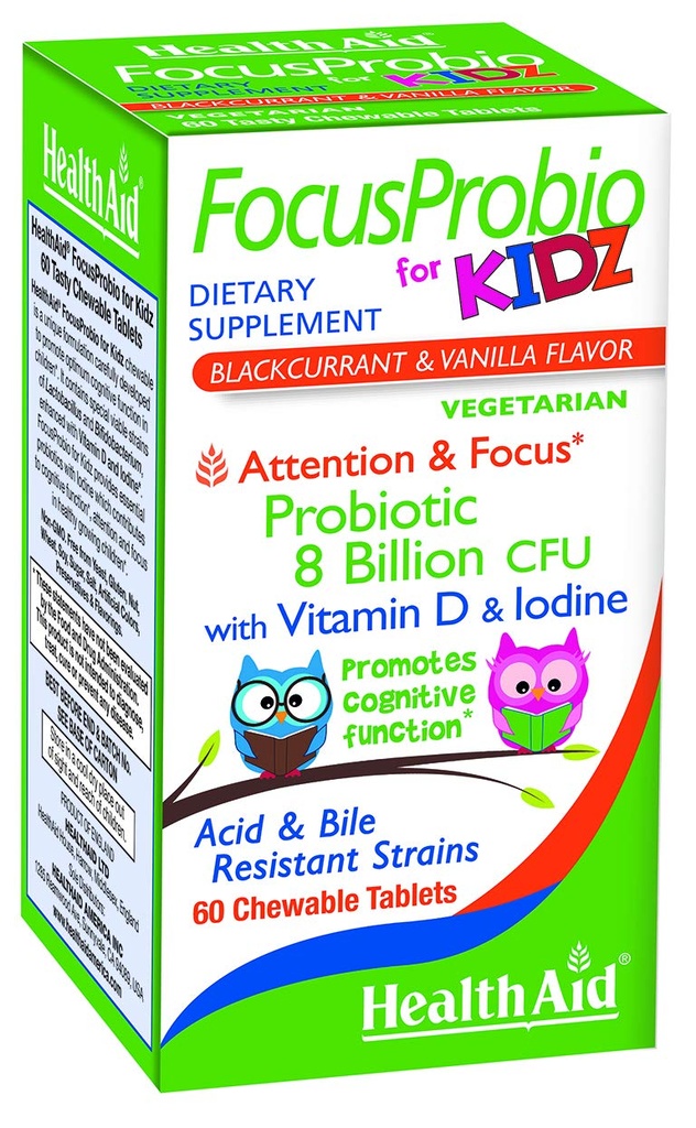 HealthAid FocusProbio Kidz – 8 Billion CFU Probiotic for Kids – Supports Brain & Gut Health with Vitamin D & Iodine – Chewable Tablets, Blackcurrant & Vanilla – Acid & Bile Resistant, Vegetarian*