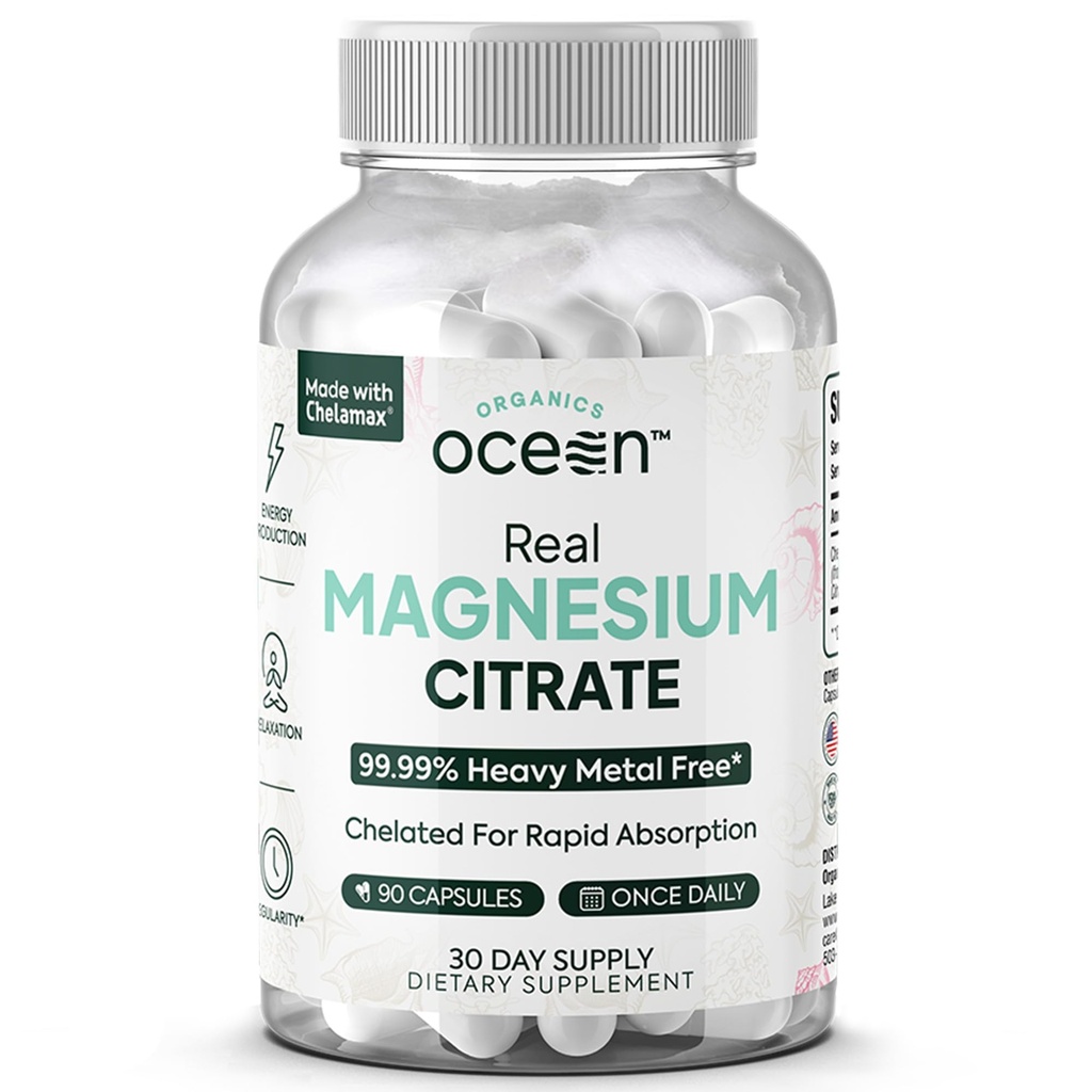 Organics Ocean Real Magnesium Citrate - Συμπλήρωμα μαγνησίου υψηλής απορρόφησης - Χηλικό μαγνήσιο για την υποστήριξη της ενέργειας, της χαλάρωσης και της κανονικότητας