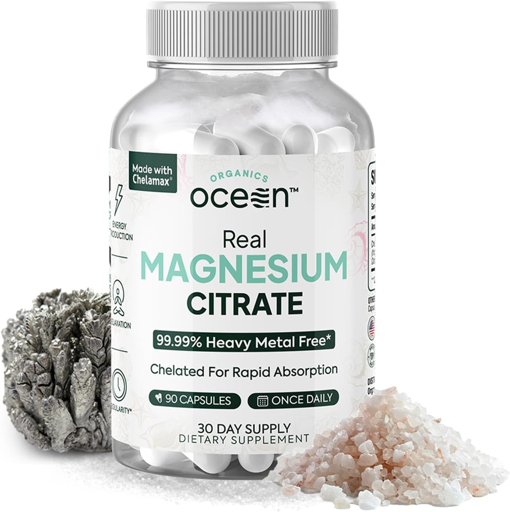 Organics Ocean Real Magnesium Citrate - Συμπλήρωμα μαγνησίου υψηλής απορρόφησης - Χηλικό μαγνήσιο για την υποστήριξη της ενέργειας, της χαλάρωσης και της κανονικότητας