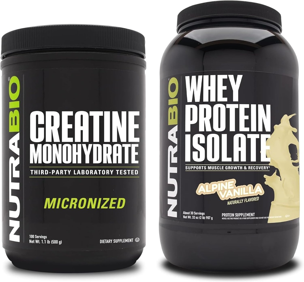 NutraBio Creatine Monohydrate, Unflavored, 500g και Whey Protein Isolate, Alpine Vanilla, συμπλήρωμα Bundle - μυϊκή ενέργεια, Lean μυϊκή ανάπτυξη, ανάκτηση, και δύναμη