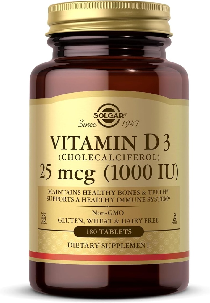 Solgar Vitamin D3 (Cholecalciferol) 25 mcg (1000 IU) – 180 Tablets - Βοηθά στη διατήρηση των υγιών οστών & δοντιών - Υποστήριξη ανοσοποιητικού συστήματος - Μη-ΓΤΟ, Χωρίς γλουτένη, Χωρίς γαλακτοκομικά, Kosher - 180 Μερίδες