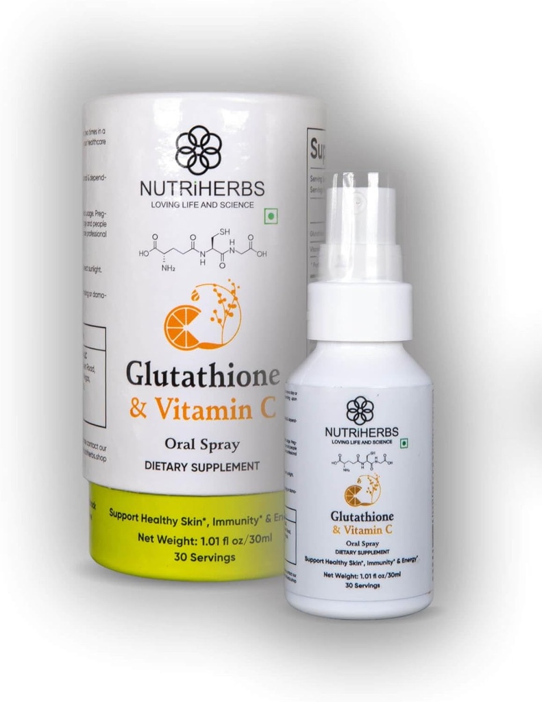 Nutriherbs Γλουταθειόνη στοματικό σπρέι με βιταμίνη C - Ενισχυμένη απορρόφηση, συμπληρώματα αντιοξειδωτικών, Ανοσία Υποστήριξης, Υγιεινό Δέρμα & Μαλλιά (30 ml Συσκευασία των 2)