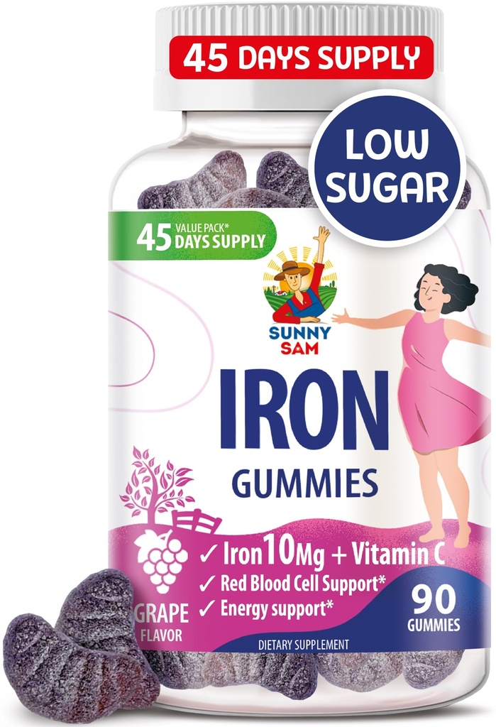 SUNNY SAM Iron Gummies for Kids & Adults - Iron Vitamins with Vitamin C, 10mg per Serving - Chewable Fruit Gummy for Immune Support Red Blood Cell Production