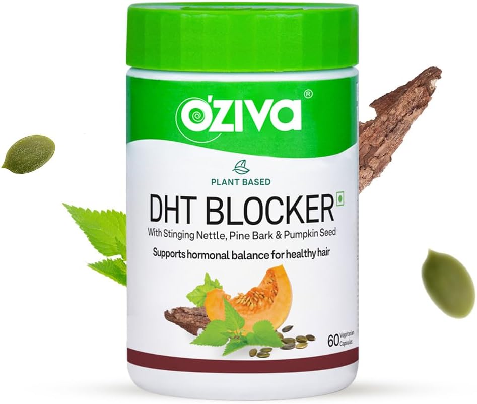 OZIVA Plant Based DHT Blocker Capsules| 60 Count | with Stinging Nettle, Beta Sitosterol, Pumpkin Seed, Pine Bark for Hairfall Control & Follicle Stimulation (60 Count)