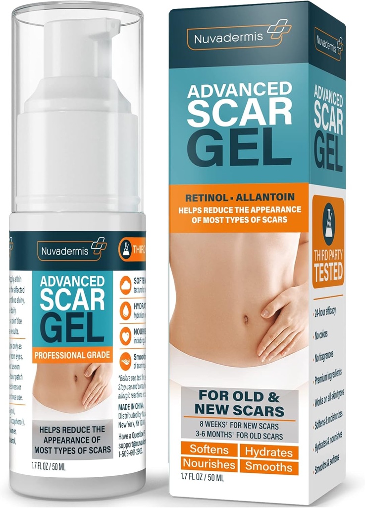 NUVADERMIS Σιλικόνη Scar Gel - 1.7 Fl Oz, Διαφανής Gel - Retinol & Βιταμίνη E Formula για Χειρουργικά Ουλές - C-Τομή, Tuck κοιλιά & Κελόιντ φροντίδα