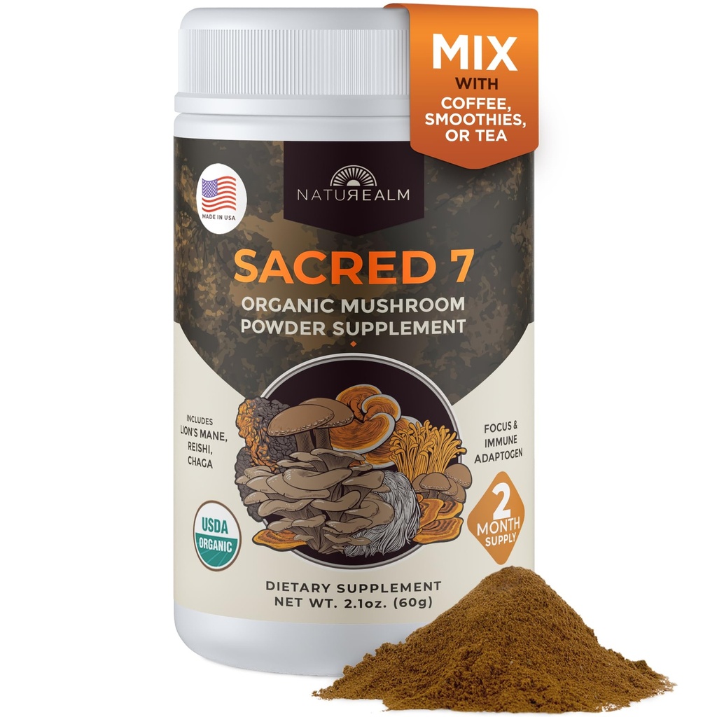 Naturealm Sacred 7 Organic Mushroom Supplement – 100% Fruiting Body Extract Powder with Lions Mane, Reishi, Chaga & More 