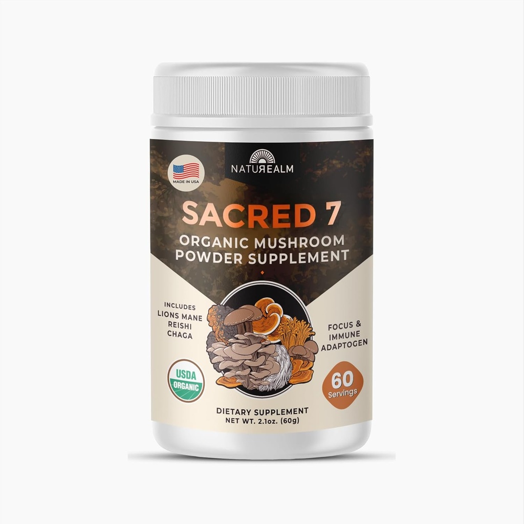 Naturealm Sacred 7 Organic Mushroom Supplement – 100% Fruiting Body Extract Powder with Lions Mane, Reishi, Chaga & More 