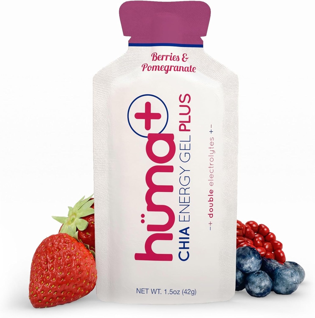 Huma Plus (διπλοί ηλεκτρολύτες) - Chia Energy Gel, μούρα & Ρόδι, 24 Gels - Στομάχι φιλικό, Real Food Energy Gels