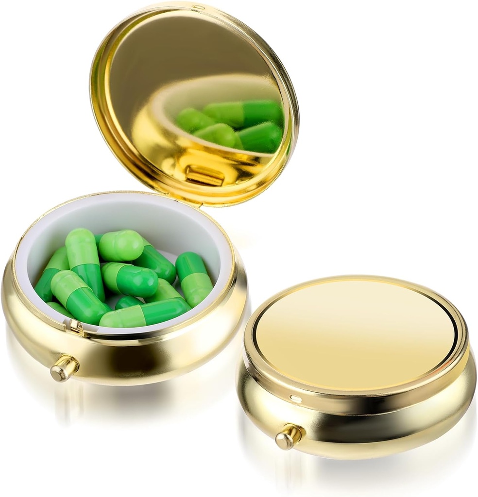 Pill Box Cute Small Pill Box for Purse & Pocket Medicine Organizer Travel Pillbox Waterproof Pill Case Metal Pill Container Holder for Vitamins, Fish Oil, Supplements(Gold)