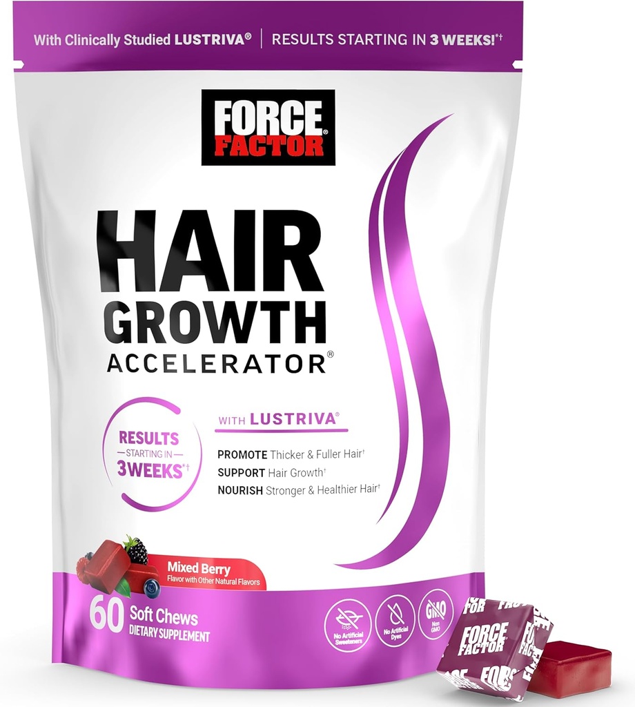 Force Factor Hair Growth Accelerator Soft Chews, Hair Growth Vitamins for Women and Men with Clinically Studied Lustriva and Biotin, Προωθεί το Thicker, Fuller, Stronger Hair, Mixed Berry, 60 Soft Chews