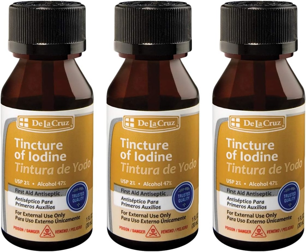 De La Cruz 2% Iodine First Aid Antiseptic, Κατασκευασμένο στις ΗΠΑ 1 FL OZ (3 μπουκάλια)