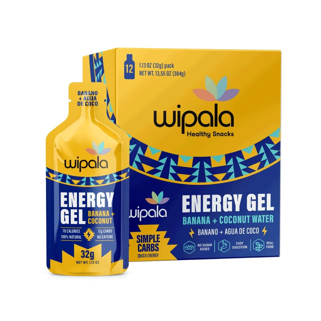 Wipala Energy Gel, Μπανάνα καρύδας, 12 Πακέτο - Χωρίς καφεΐνη, Πιστοποιημένο Vegan, Μη ΓΤΟ - Καθαρή ενέργεια για άσκηση αντοχής, τρέξιμο & απόδοση