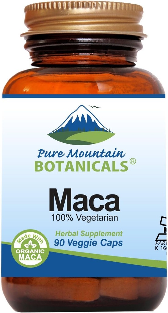 Pure Mountain Botanicals Maca Root Capsules - Kosher Vegan Caps Now with 1000 mg Organic Raw Macca and Gelatinized Maca Root Supplement