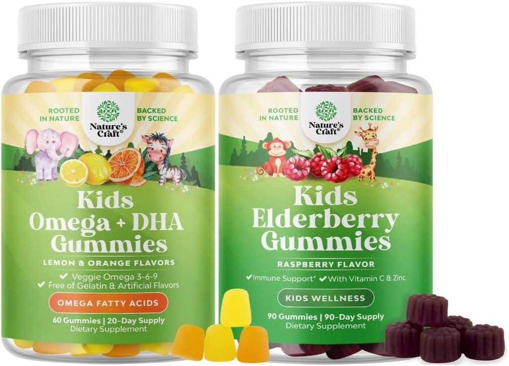 Παίδες DHA Omega 3 Gummies - Λιπαρά Οξέα Ωμέγα 3 6 9 για Εγκεφαλική Ανοσολογική Δύναμη & Όραμα - Διατροφική DHA και Sambucus Elderberry Gummies για Παιδιά Υγεία - Ψευδάργυρος & Βιταμίνη C για Ανοσολογική Υποστήριξη