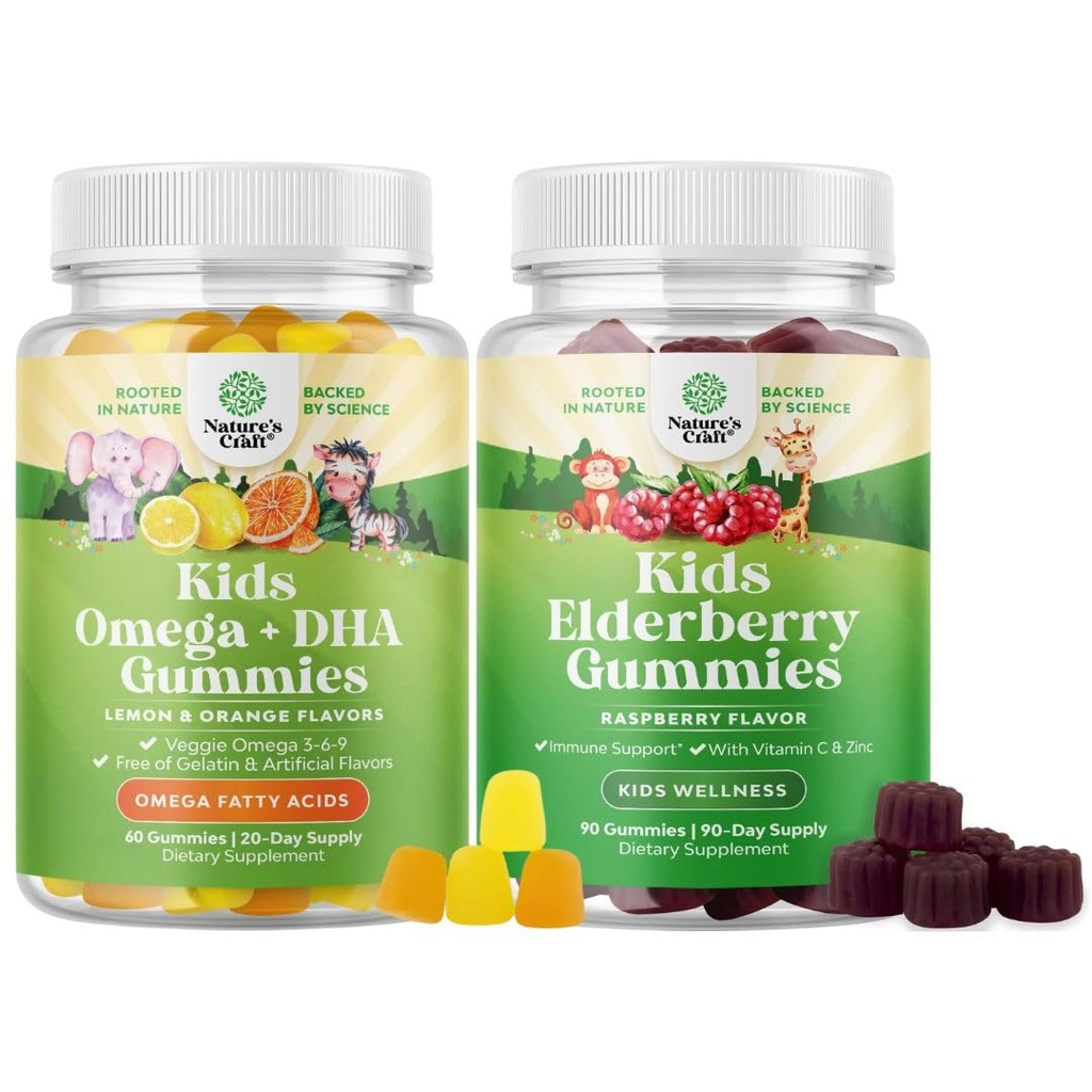 Παίδες DHA Omega 3 Gummies - Λιπαρά Οξέα Ωμέγα 3 6 9 για Εγκεφαλική Ανοσολογική Δύναμη & Όραμα - Διατροφική DHA και Sambucus Elderberry Gummies για Παιδιά Υγεία - Ψευδάργυρος & Βιταμίνη C για Ανοσολογική Υποστήριξη