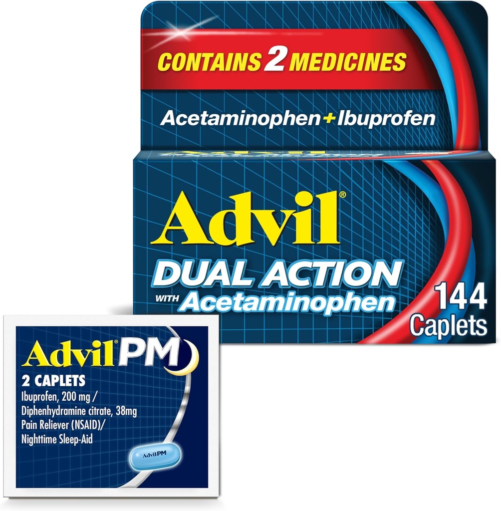 Advil διπλή δράση με Acetaminophen και Ibuprofen (2 δόση ισοδύναμο) για 8 ώρες ανακούφιση του πόνου, επικαλυμμένο 144 ct καπάκια και 2 Ct δείγμα του Advil PM